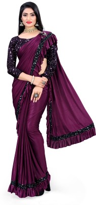 HARIOM FASHION Solid/Plain Bollywood Lycra Blend Saree(Purple)