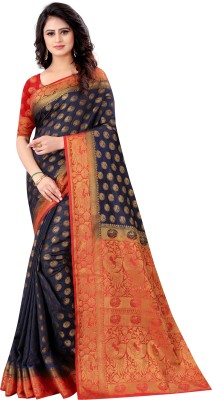 Shopwell Woven Banarasi Cotton Silk Saree(Dark Blue)