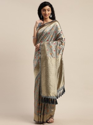 Om Shantam sarees Self Design Bollywood Silk Blend Saree(Grey)