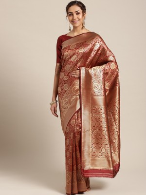Om Shantam sarees Self Design Kanjivaram Silk Blend Saree(Red)