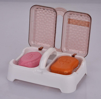 Bekner Double Sealed Drain Soap Dish Tray Holder with Handle & Lid Cover Box Case Soap Holder(White)