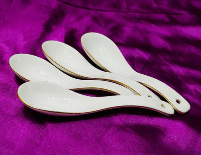 kccb creative hub Ceramic Soup Spoon ceramic bone china soup spoon set of 4 piece with golden line Ceramic Soup Spoon Set(Pack of 4)