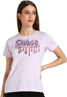 SHASHVI Printed Women Round Neck Purple T-Shirt