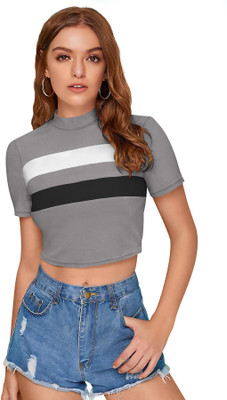 SHREE KSHETRAPAL CREATION Casual Striped Women Black, Grey Top
