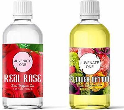 JUVENATE ONE Pleasant Aroma Oil Reed Diffuser Refill Twin Pack Set 0f 100ml Each(Real Rose & Flower Nation)(2 x 100)