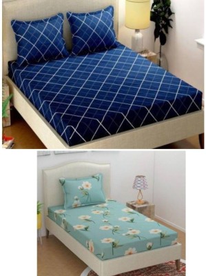 SSH 0 TC Cotton Double, Single Printed Flat Bedsheet(Pack of 2, Blue, Light Green)