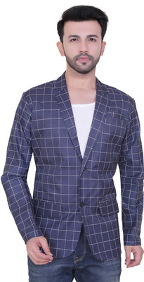 Click One Checkered Single Breasted Casual Men Blazer(Dark Blue)