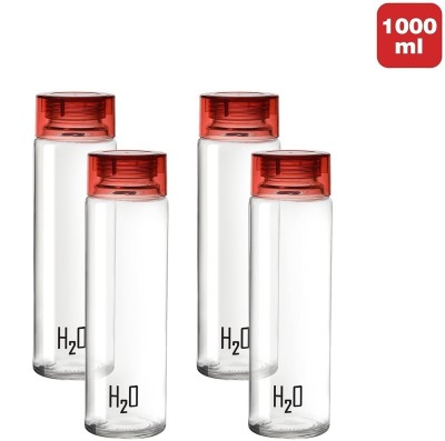 Randal H2O Sodalime Glass Fridge Water Bottle with Plastic Cap ( Set Of 4 - Red ) 1000 ml Bottle(Pack of 4, Clear, PET)