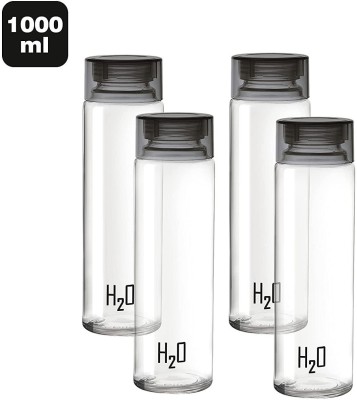 AK HUB Cello H2O Sodalime Glass Fridge Water Bottle with Plastic Cap ( Set Of 4 - Black ) 1000 ml Bottle(Pack of 4, Clear, Glass)