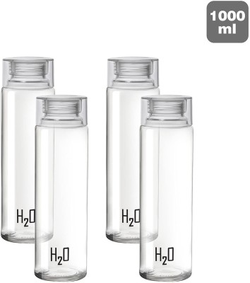 N H Enterprise H2O Sodalime Glass Fridge Water Bottle with Plastic Cap ( Set Of 4 - White ) 1000 ml Bottle(Pack of 4, Clear, Glass)