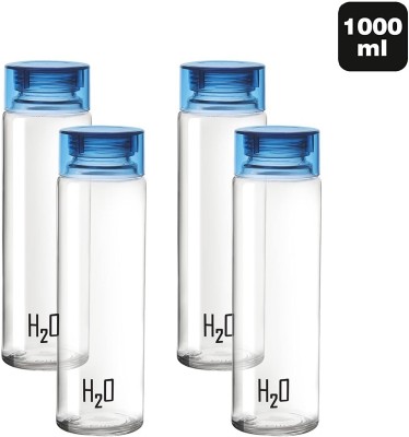 N H Enterprise H2O Sodalime Glass Fridge Water Bottle with Plastic Cap ( Set Of 4 - Blue ) 1000 ml Bottle(Pack of 4, Clear, Glass)