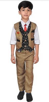 Kidzarea Boys Festive & Party Shirt, Waistcoat and Pant Set(Gold Pack of 1)