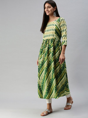 SheWill Women Printed A-line Kurta(Green, Beige)