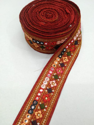 Borders Cotton Fabric Handmade Lace Reel with Elegant Multi Thread Work (9 M x 2 in, Maroon) Lace Reel(Pack of 1)