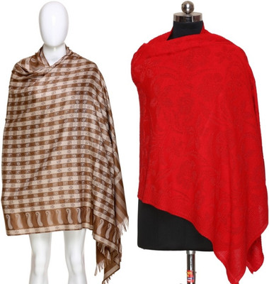 BM Acrylic, Wool Self Design, Striped, Checkered Women Shawl(Beige, Red)