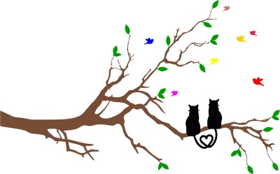 K2A Studio 100 cm Love cat on tree with birds pvc vinyl multicolor wall sticker ( Self Adhesive Sticker(Pack of 1)