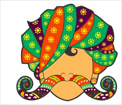 K2A Design 45 cm Rajasthani man with turban and moustache illustration Self Adhesive Sticker(Pack of 1)