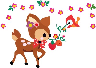 K2A Studio 90 cm Baby deer playing with bird flower design wall sticker (: 65 Cm X 90 Cm Self Adhesive Sticker(Pack of 1)