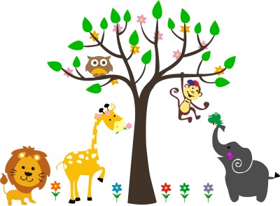 K2A Studio 100 cm Cartoon animals in forest under tree pvc vinyl Self Adhesive Sticker(Pack of 1)