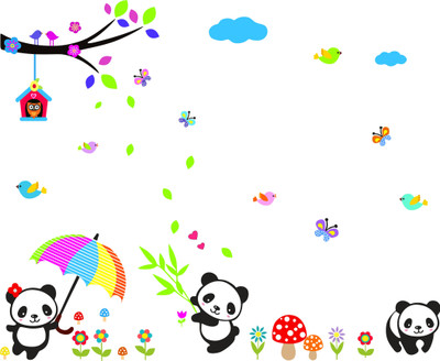 K2A Design 100 cm Playing pandas buteerflyes bird house bird sitting on tree pvc vinyl multicolor Self Adhesive Sticker(Pack of 1)