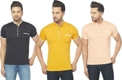 Jangoboy Solid Men Henley Neck Black, Orange, Yellow T-Shirt