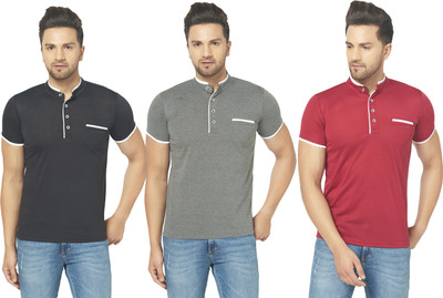 Jangoboy Solid Men Mandarin Collar Multicolor T-Shirt