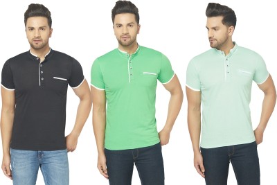 Jaskart Solid Men Henley Neck Black, Light Green T-Shirt