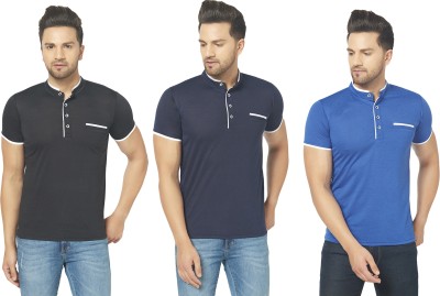 Jaskart Solid Men Henley Neck Dark Blue, Blue, Black T-Shirt