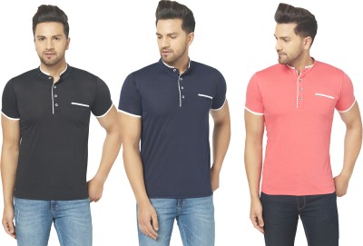 Jaskart Solid Men Henley Neck Dark Blue, Black, Pink T-Shirt