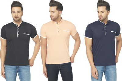 Jaskart Solid Men Henley Neck Blue, Black, Orange T-Shirt