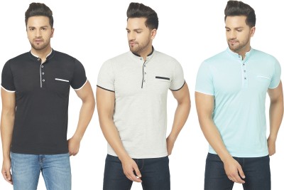 Jangoboy Solid Men Henley Neck Light Blue, Black, Grey T-Shirt