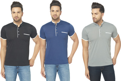 Jaskart Solid Men Henley Neck Blue, Black, Grey T-Shirt