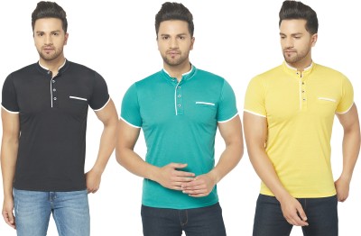 GAGCOBIA Solid Men Henley Neck Green, Black, Yellow T-Shirt