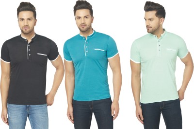 Jangoboy Solid Men Henley Neck Blue, Black, Light Green T-Shirt