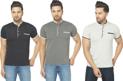 Jangoboy Solid Men Mandarin Collar Multicolor T-Shirt