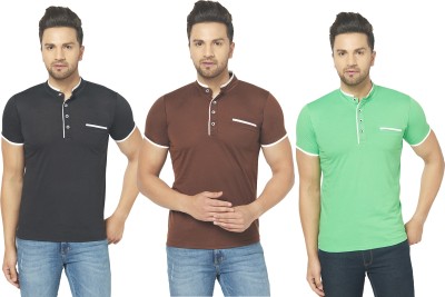 GAGCOBIA Solid Men Henley Neck Brown, Black, Light Green T-Shirt