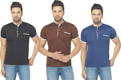 Jaskart Solid Men Henley Neck Brown, Blue, Black T-Shirt