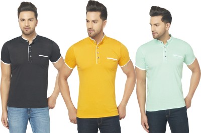 Jangoboy Solid Men Henley Neck Black, Yellow, Light Green T-Shirt