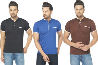 Adorbs Solid Men Mandarin Collar Multicolor T-Shirt