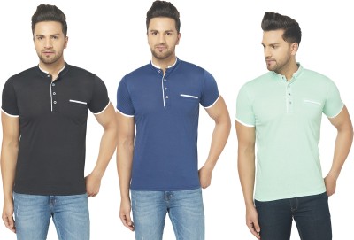 Jangoboy Solid Men Henley Neck Blue, Black, Light Green T-Shirt