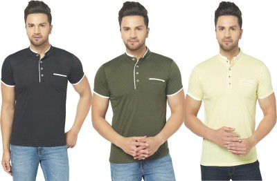 GAGCOBIA Solid Men Henley Neck Green, Black, Yellow T-Shirt