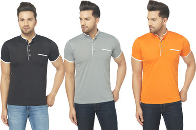 Jangoboy Solid Men Mandarin Collar Multicolor T-Shirt