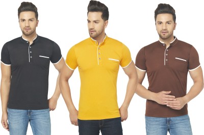 Adorbs Solid Men Henley Neck Brown, Black, Yellow T-Shirt