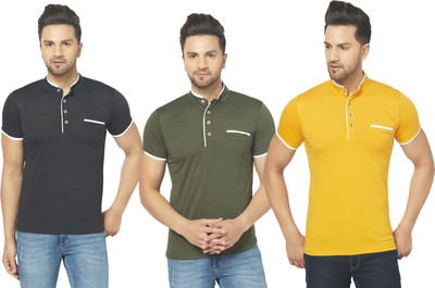 Adorbs Solid Men Mandarin Collar Multicolor T-Shirt