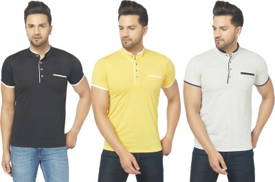 Jangoboy Solid Men Henley Neck Black, Grey, Yellow T-Shirt