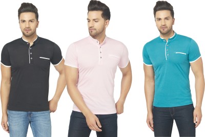 Adorbs Solid Men Henley Neck Blue, Black, Pink T-Shirt