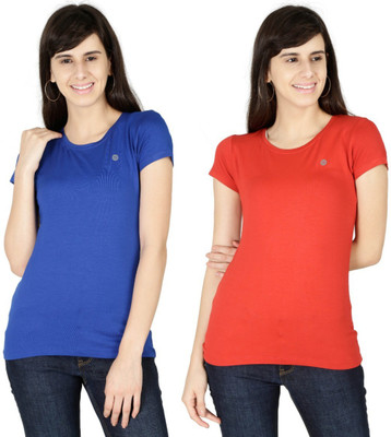 ALPHABET Solid Women Round Neck Red, Blue T-Shirt