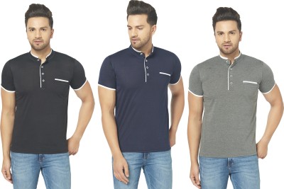 Jaskart Solid Men Henley Neck Dark Blue, Black, Grey T-Shirt