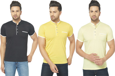 Jaskart Solid Men Mandarin Collar Black, Yellow T-Shirt