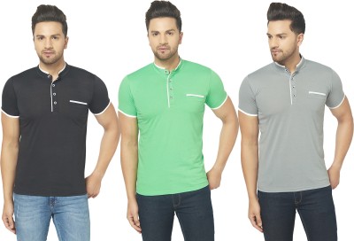 Jaskart Solid Men Henley Neck Black, Grey, Light Green T-Shirt